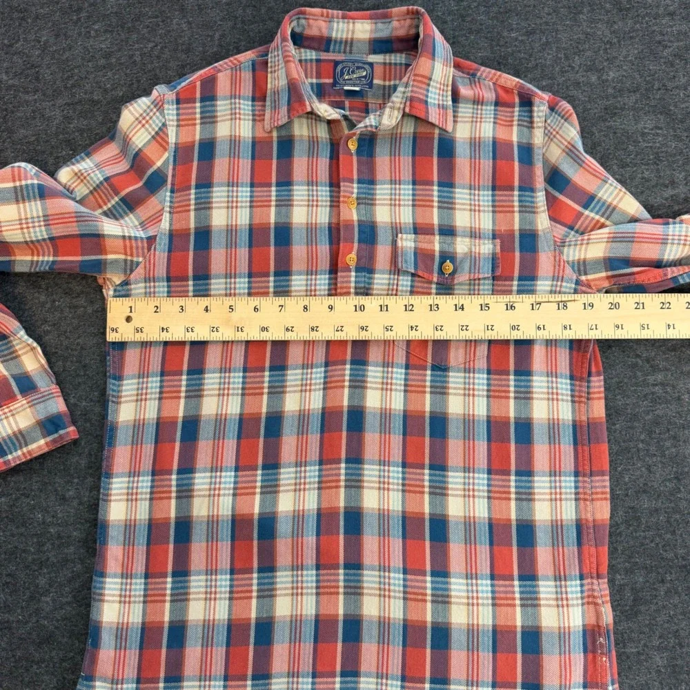 J.Crew Mens Plaid Flannel Popover Shirt Red Blue Herringbone Cotton Large